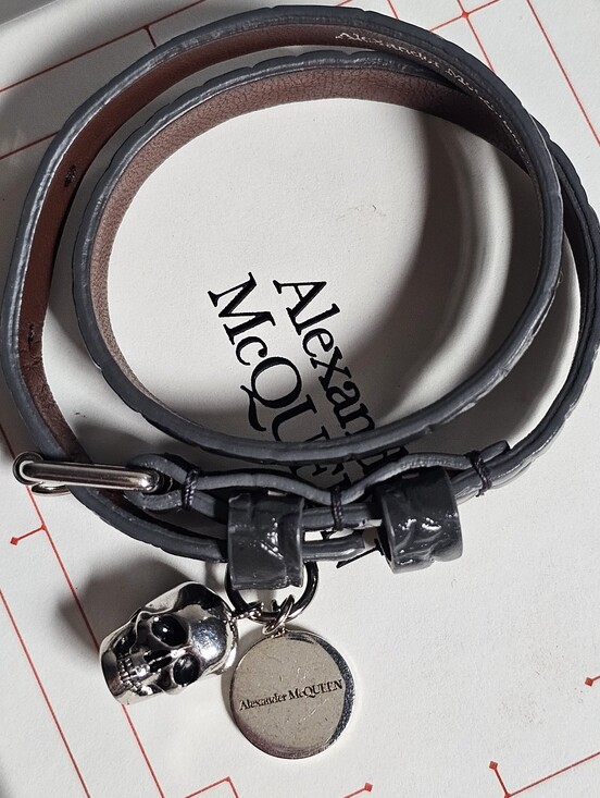 Alexander McQueen Other - Alexander McQueen Men’s Gray Leather Double-Wrap Bracelet with Skull Charm